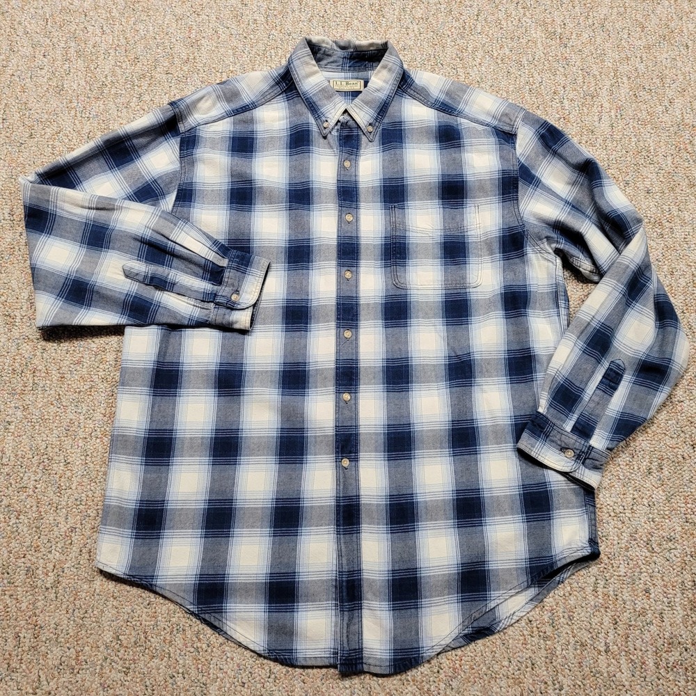 LL Bean Shirt Mens Large Blue Shadow Plaid Flannel Button Down Long Sleeve VTG - Picture 1 of 16